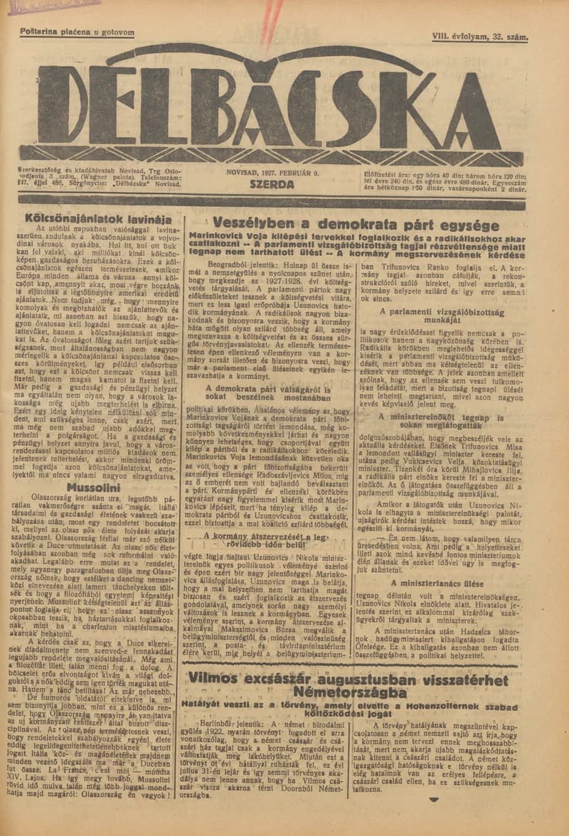 Délbácska, 8. évf. 1927. február 9. 32. sz.