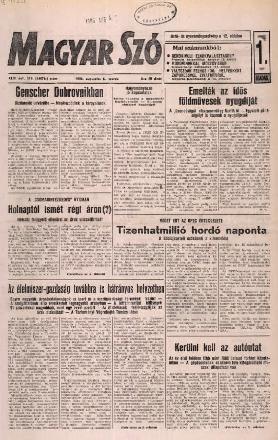 Magyar Szó, 43. évf. 1986. augusztus 6. 214. sz. 1–16. oldal