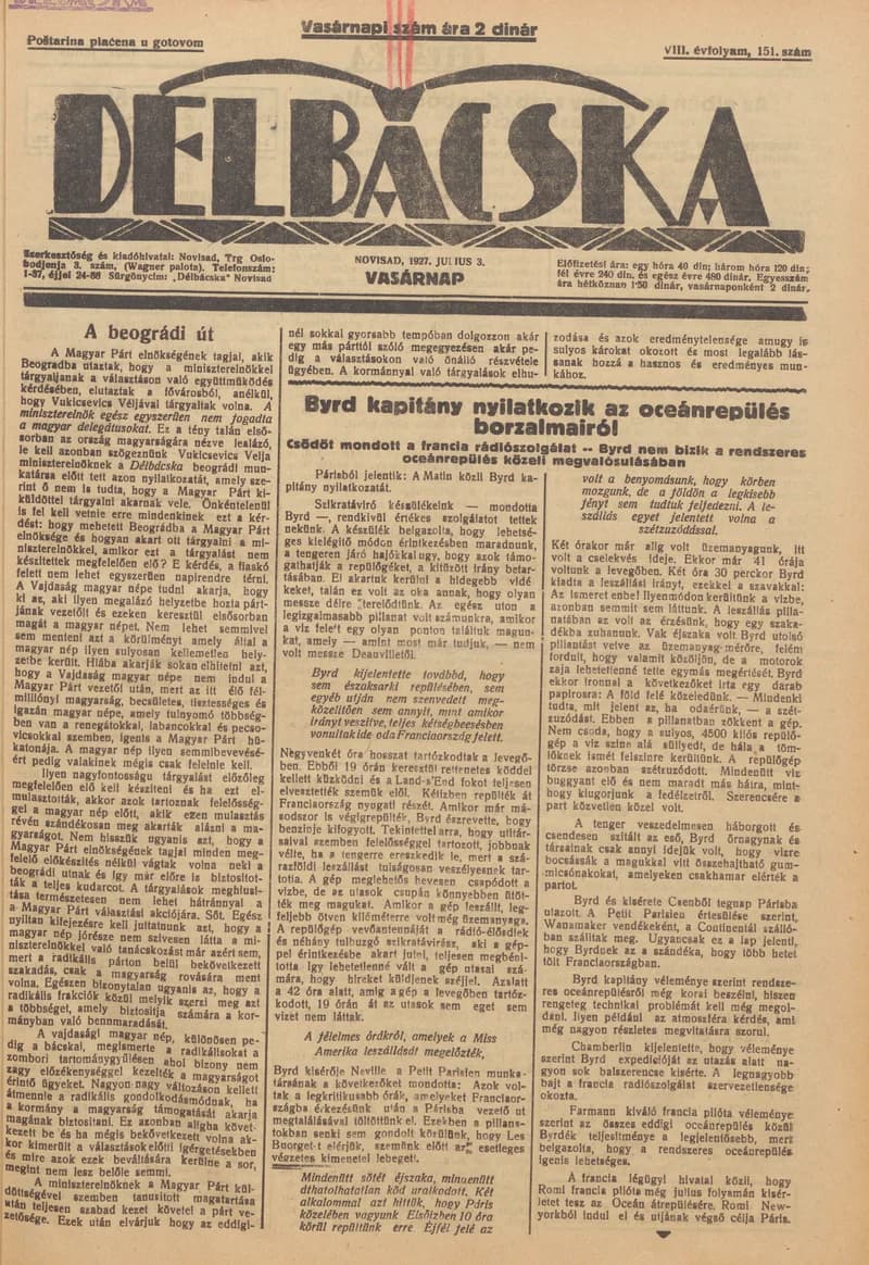 Délbácska, 8. évf. 1927. július 3. 151. sz.