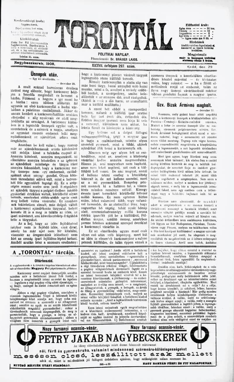 Torontál, 37. évf. 1908. december 29. 297. sz.