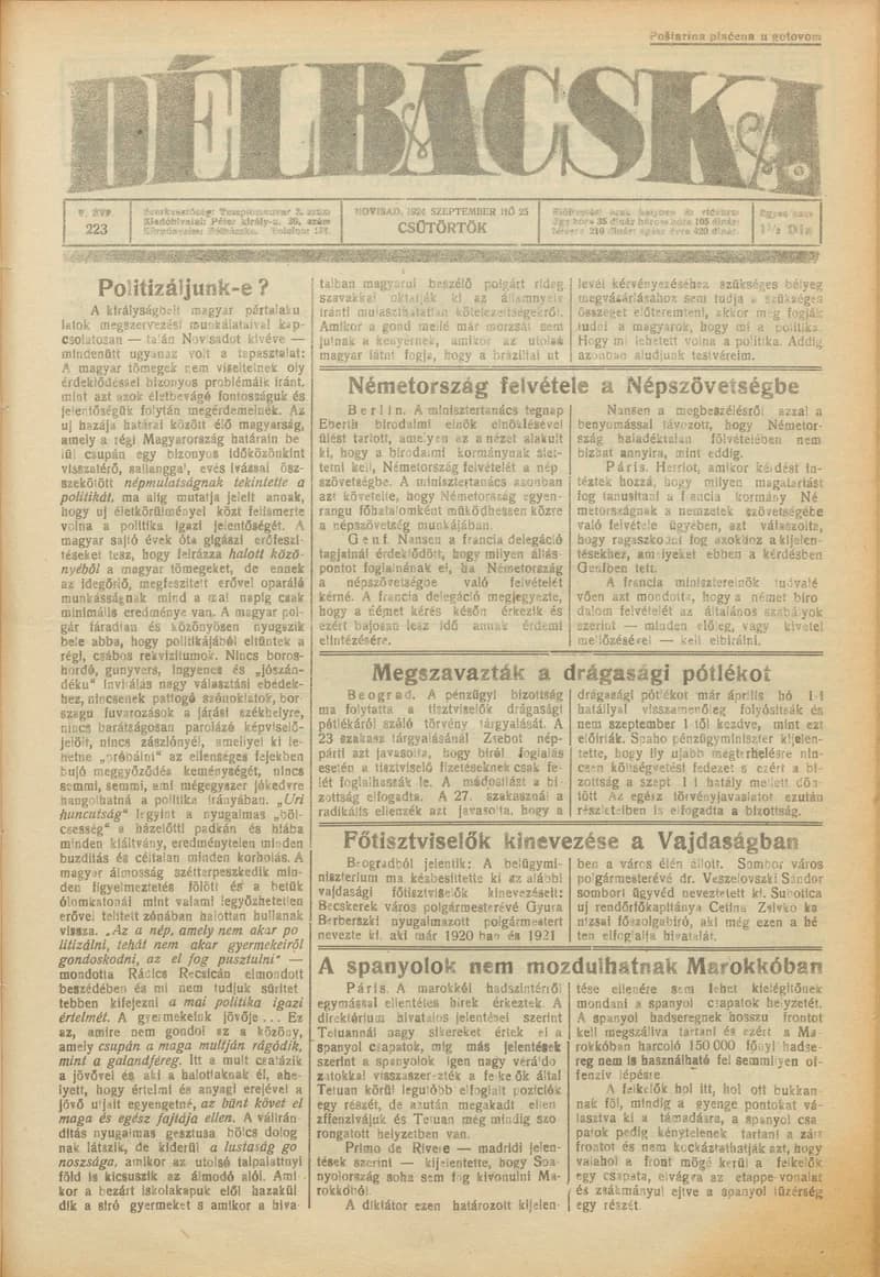 Délbácska, 5. évf. 1924. szeptember 25. 223. sz.