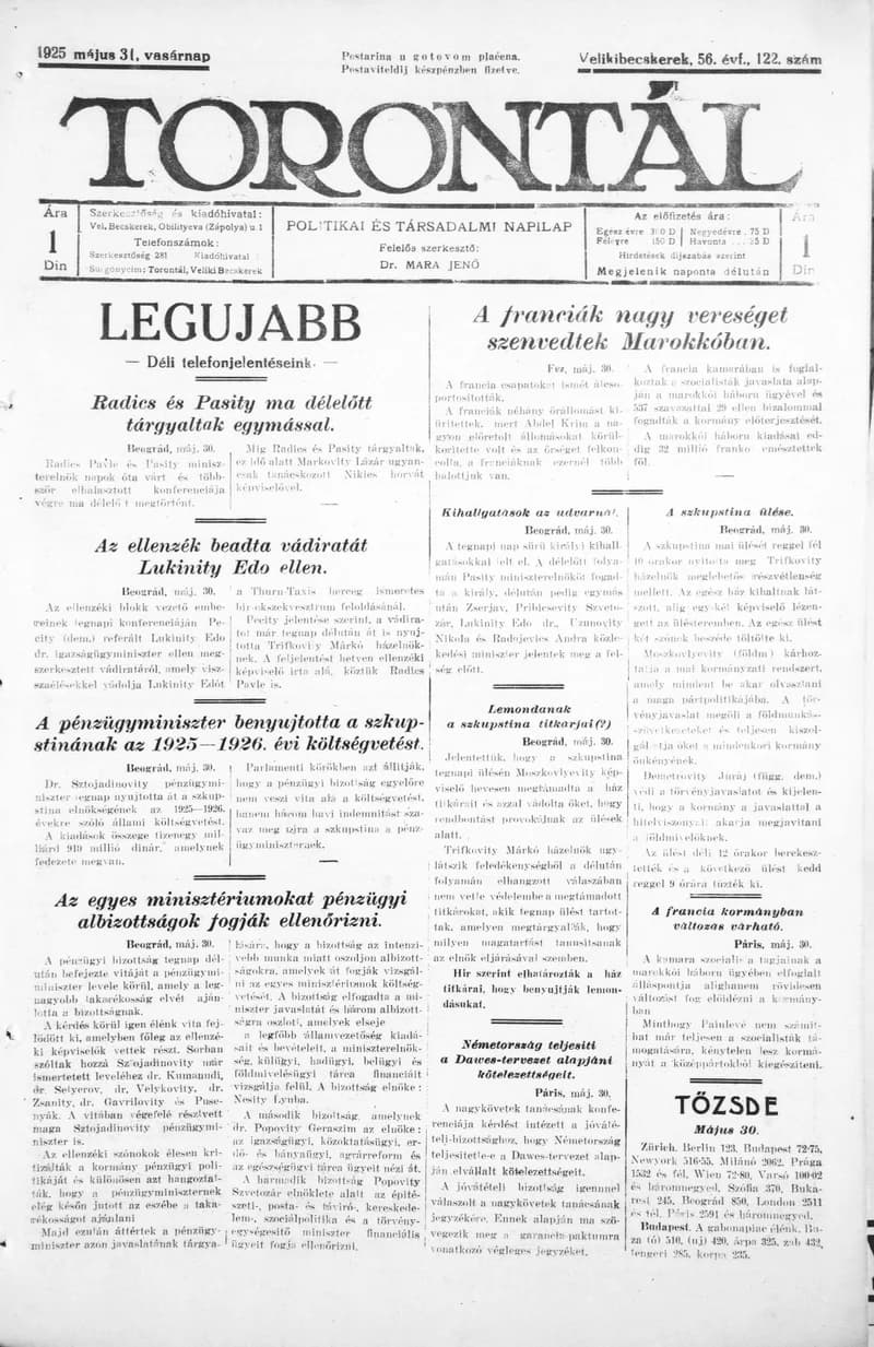 Torontál, 54. évf. 1925. május 31. 122. sz.