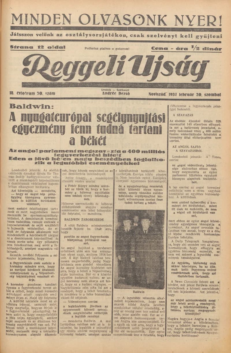 Reggeli Újság, 18. évf. 1937. február 20. 50. sz.
