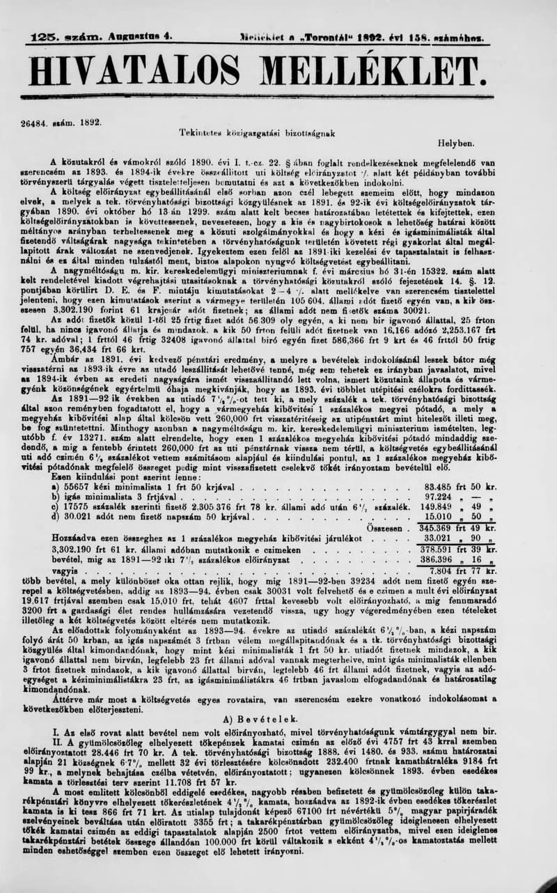 A Totontál  hivatalos melléklete, 5. évf. 1892. augusztus 5. 125. sz.