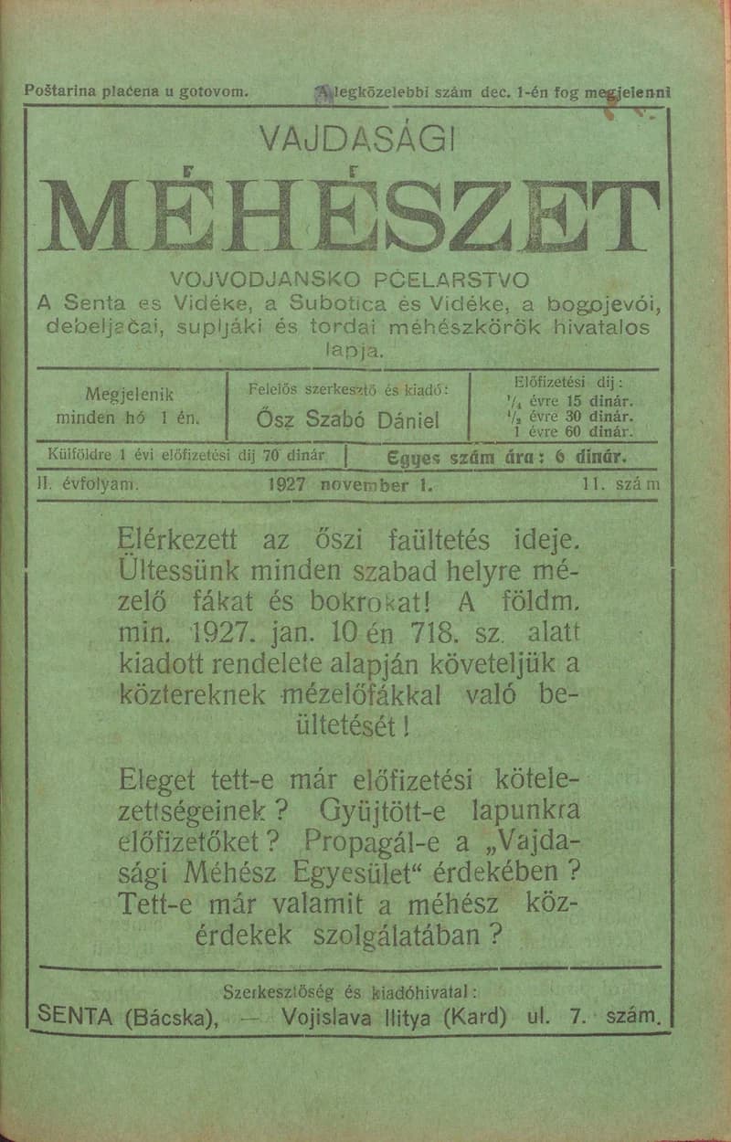 Vajdasági méhészet, 2. évf. 1927. november 1. 11. sz.