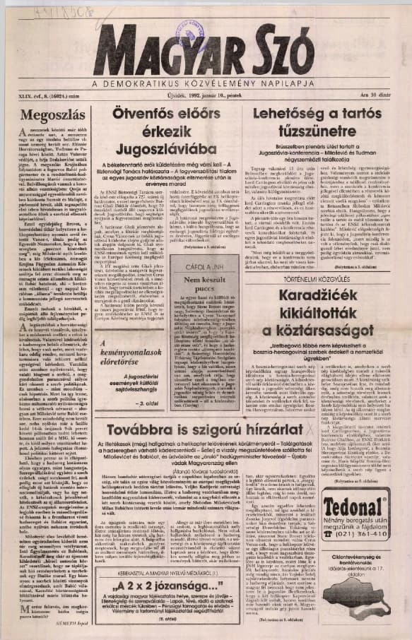 Magyar Szó, 49. évf. 1992. január 10. 8. sz. 1–20. oldal