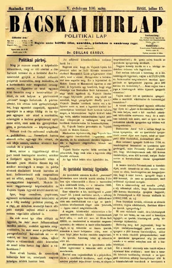 Bácskai Hirlap, 5. évf. 1901. július 15. 106. sz.