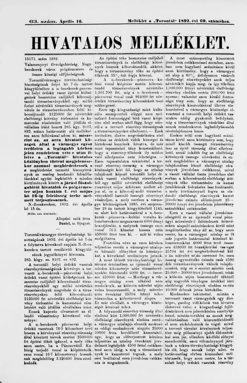 A Totontál  hivatalos melléklete, 5. évf. 1892. április 16. 63. sz.