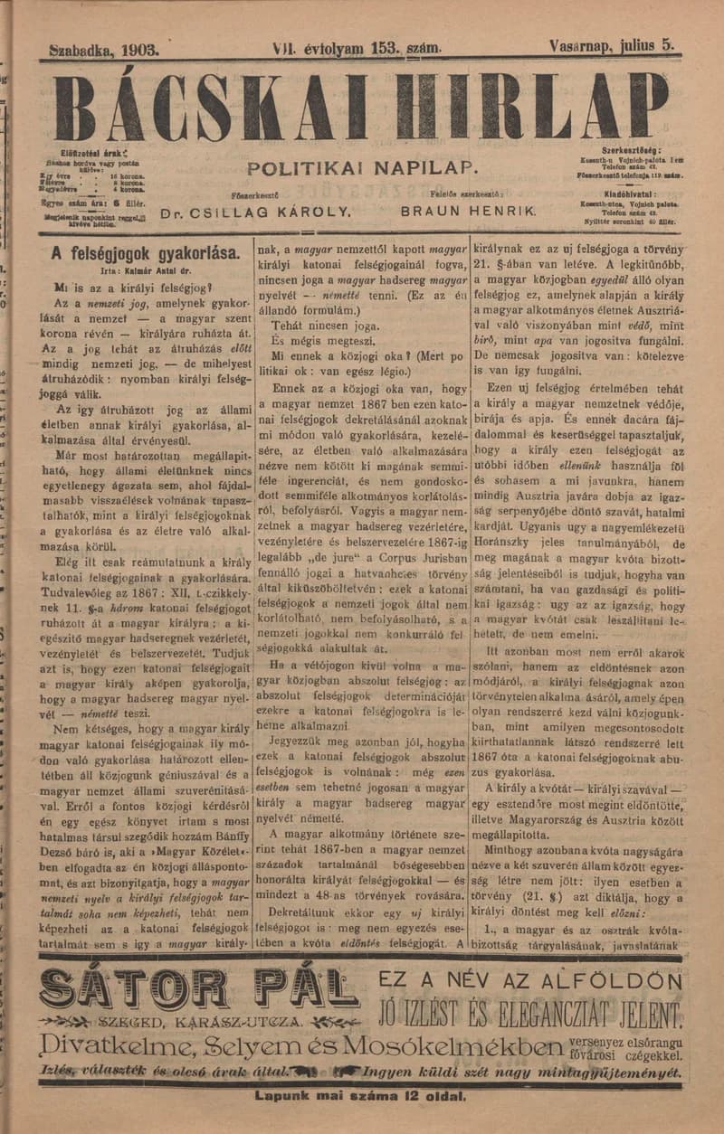Bácskai Hirlap, 7. évf. 1903. július 5. 153. sz.