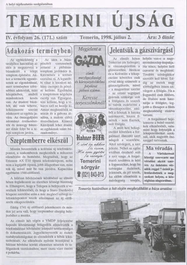 Temerini Újság, 4. évf. 1998. július 2. 26. sz.