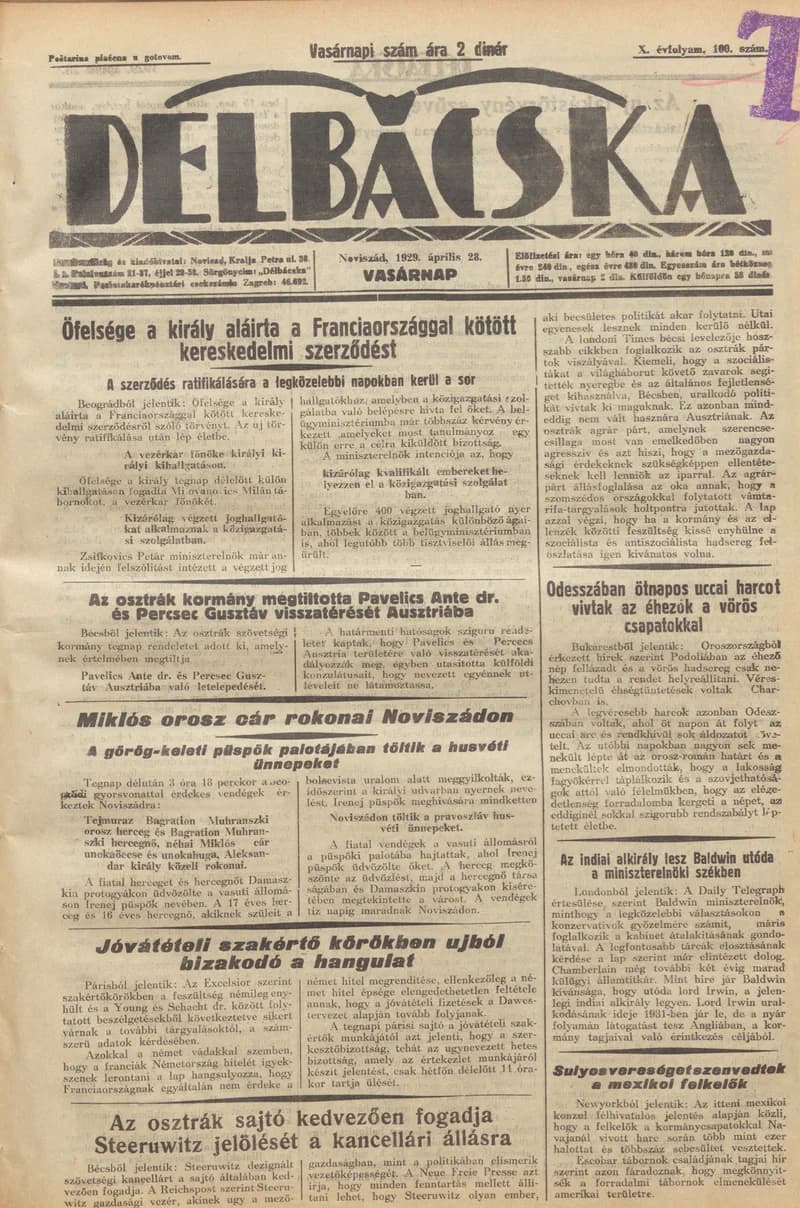 Délbácska, 10. évf. 1929. április 28. 100. sz.