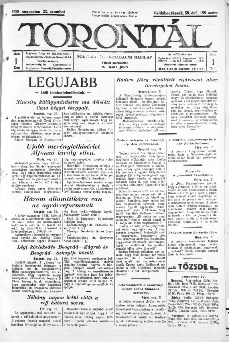 Torontál, 54. évf. 1925. augusztus 22. 188. sz.