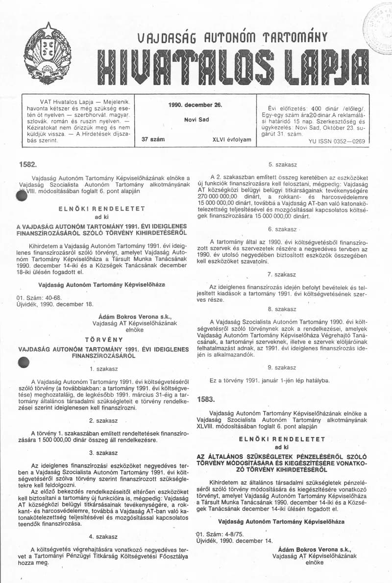 Vajdaság Szocialista Autonóm Tartomány Hivatalos Lapja, 46. évf. 1990. december 26. 37. sz.