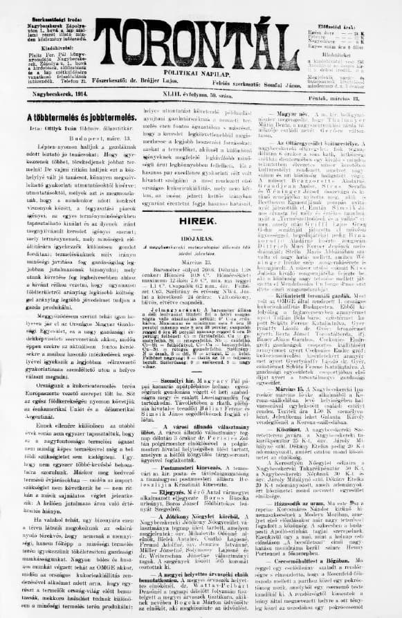 Torontál, 43. évf. 1914. március 13. 59. sz.