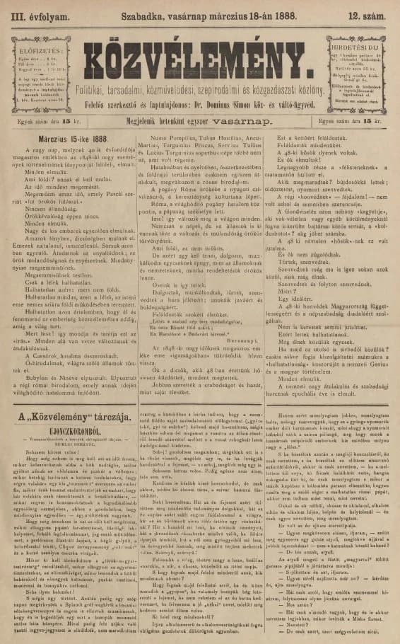 Közvélemény, 3. évf. 1888. március 18. 12. sz.