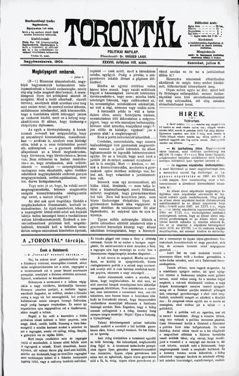 Torontál, 38. évf. 1909. július 3. 148. sz.