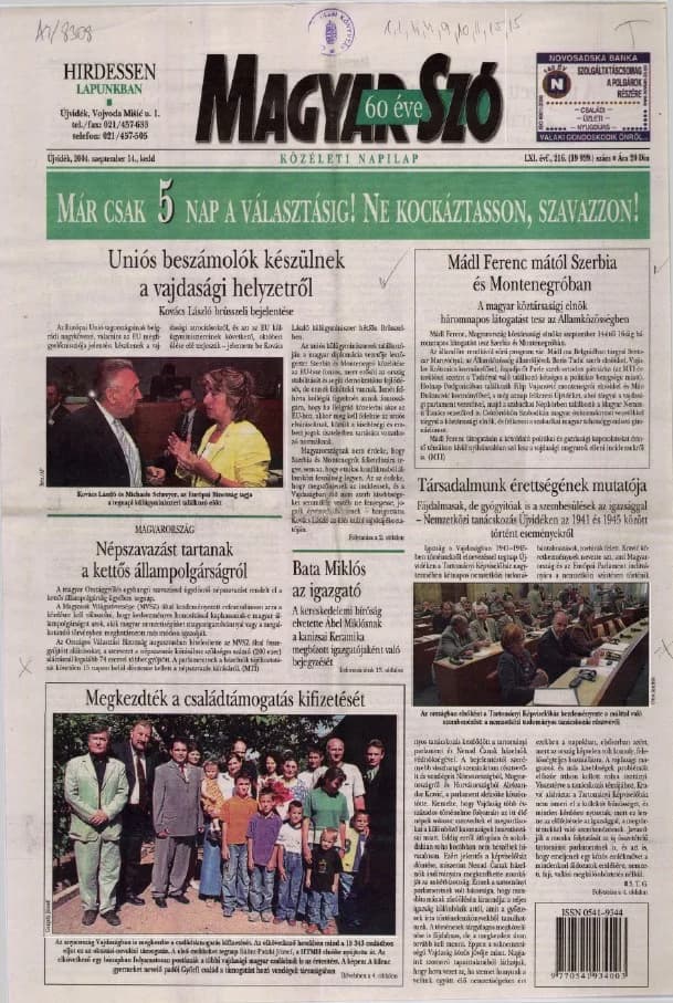Magyar Szó, 61. évf. 2004. szeptember 14. 216. sz. 1–20. oldal