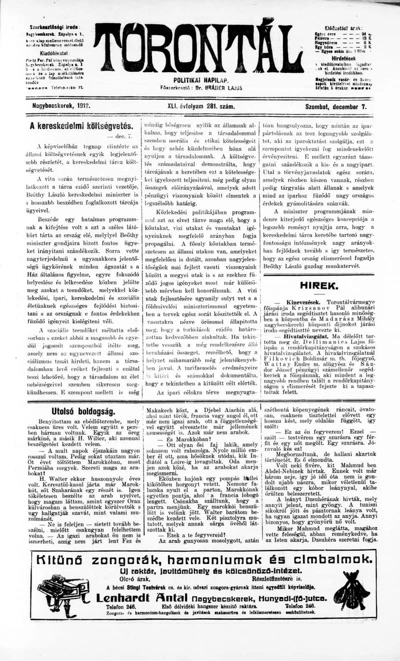Torontál, 41. évf. 1912. december 7. 281. sz.