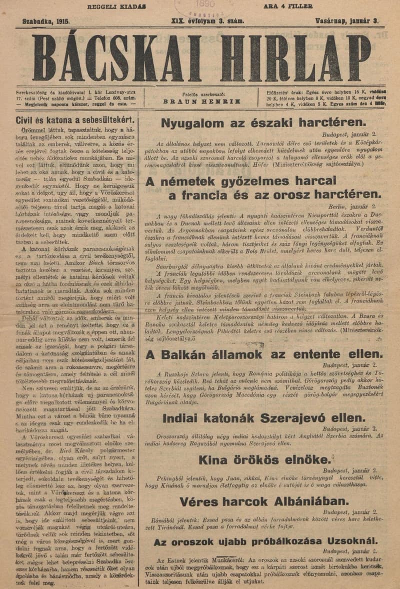 Bácskai Hirlap, 19. évf. 1915. január 3. 3. sz.
