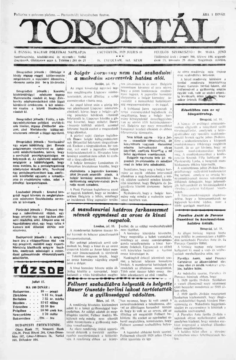 Torontál, 58. évf. 1929. július 18. 163. sz.