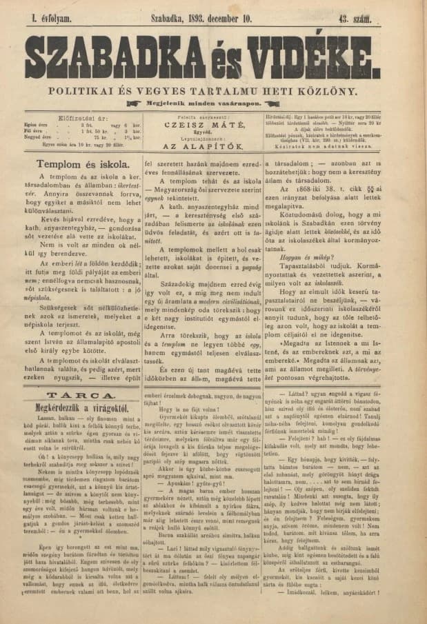 Szabadka és vidéke II, 1. évf. 1893. december 10. 43. sz.
