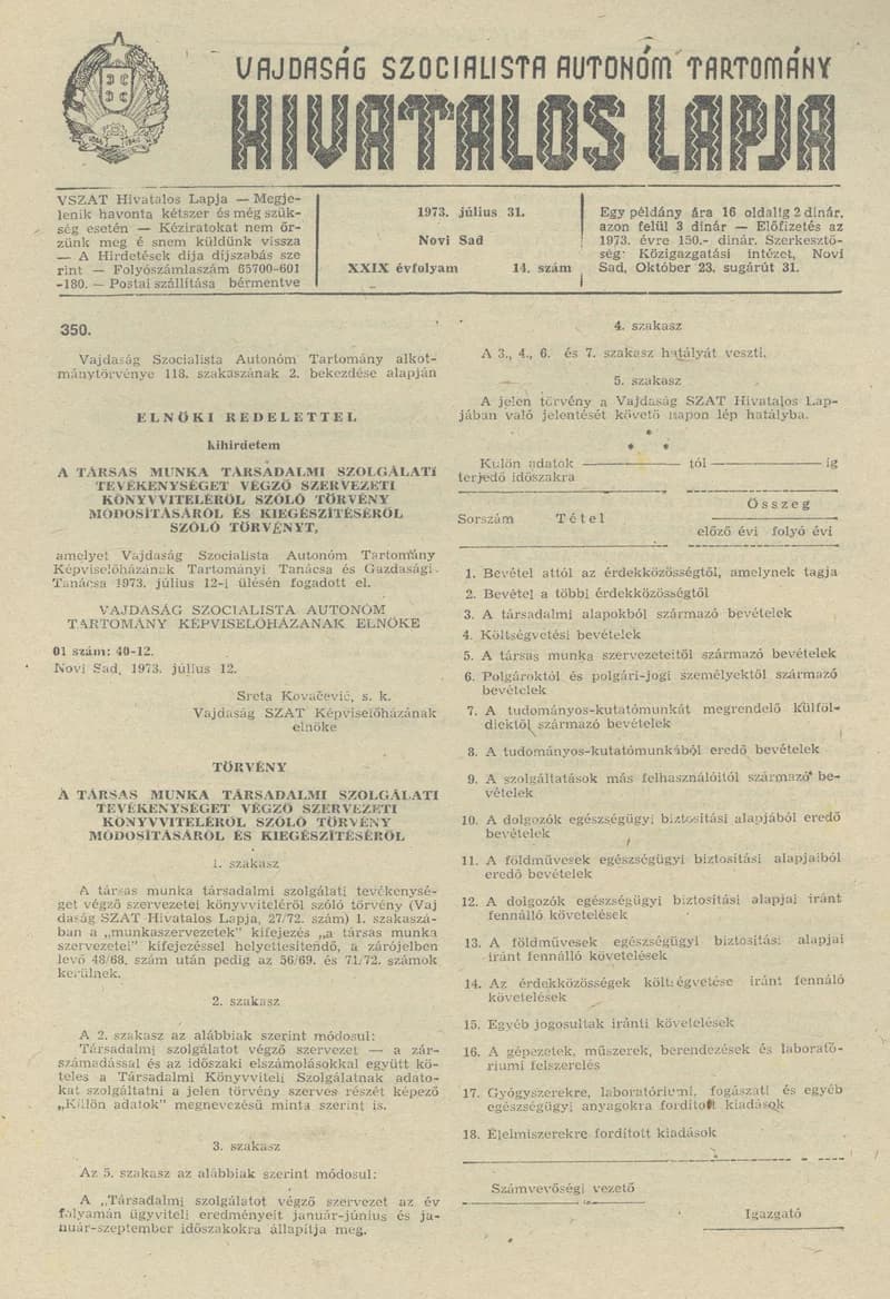 Vajdaság Szocialista Autonóm Tartomány Hivatalos Lapja, 29. évf. 1973. július 31. 14. sz. 349–356. oldal