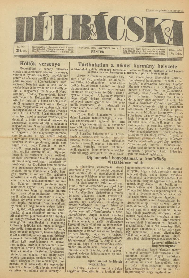 Délbácska, 4. évf. 1923. november 16. 264. sz.