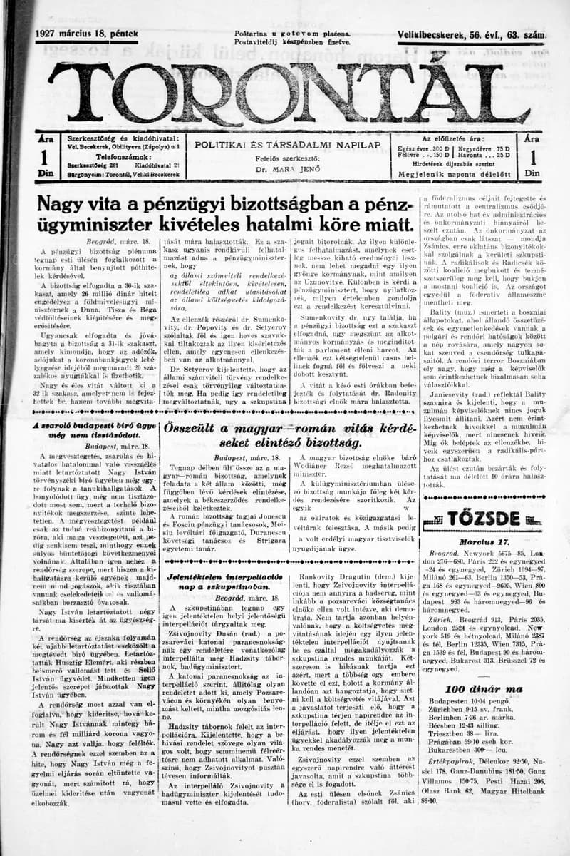 Torontál, 56. évf. 1927. március 18. 63. sz.