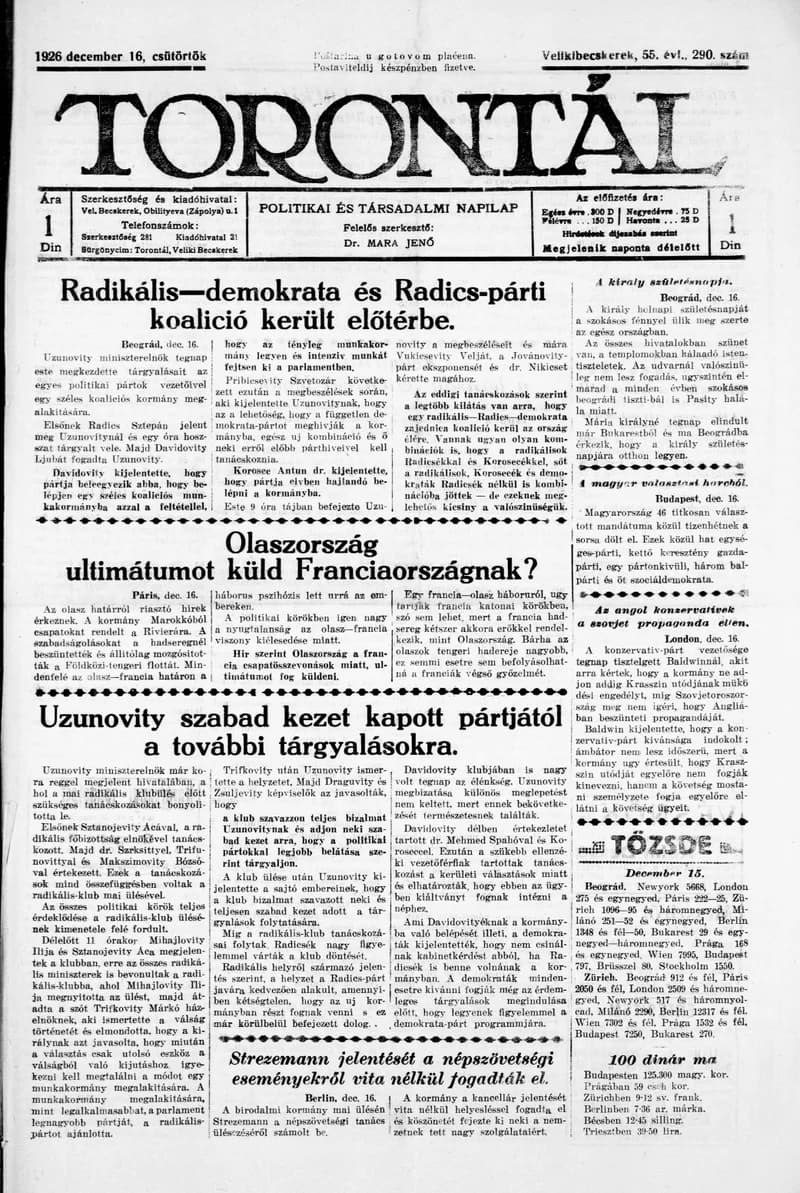 Torontál, 55. évf. 1926. december 16. 290. sz.