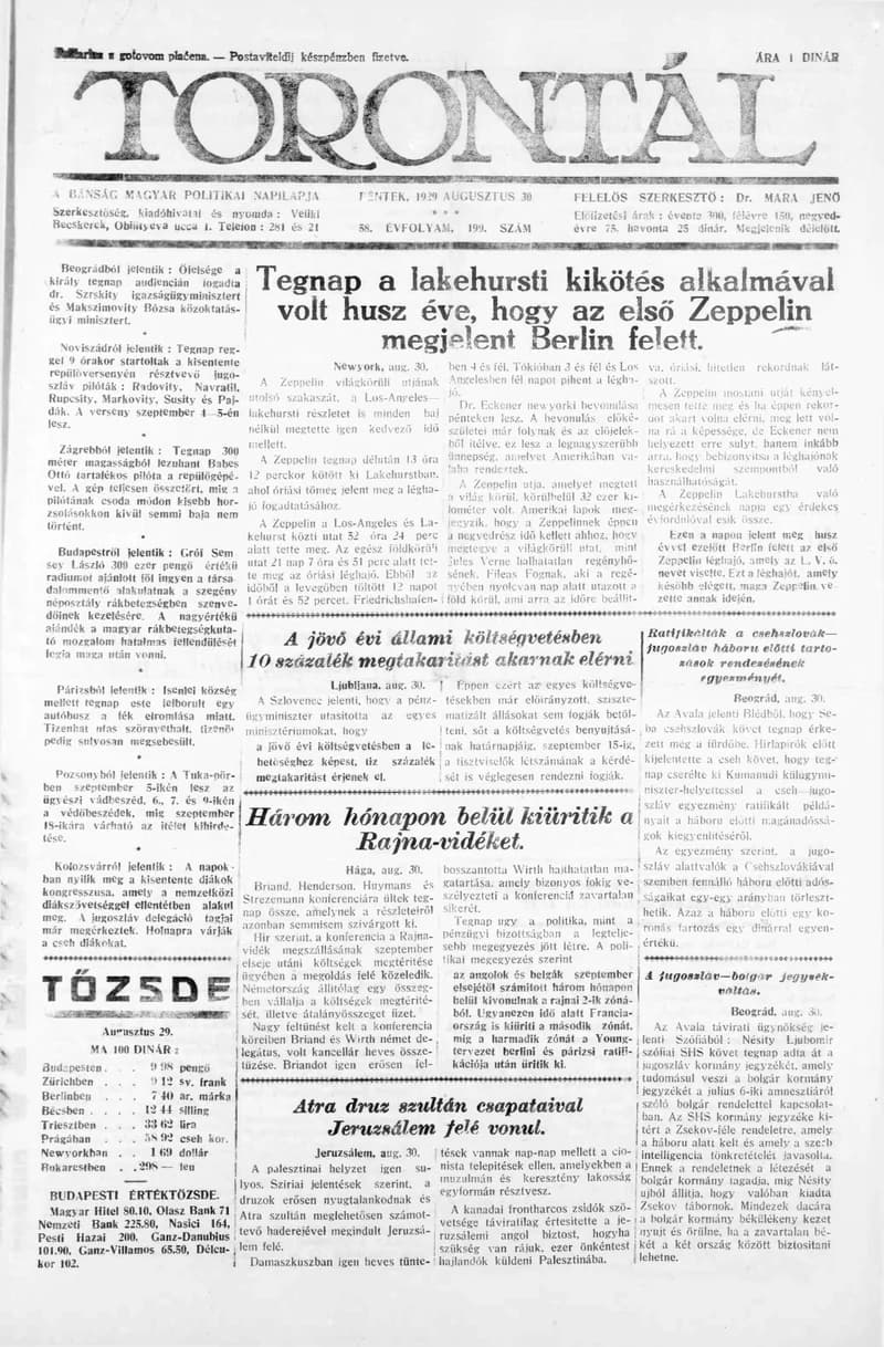 Torontál, 58. évf. 1929. augusztus 30. 199. sz.