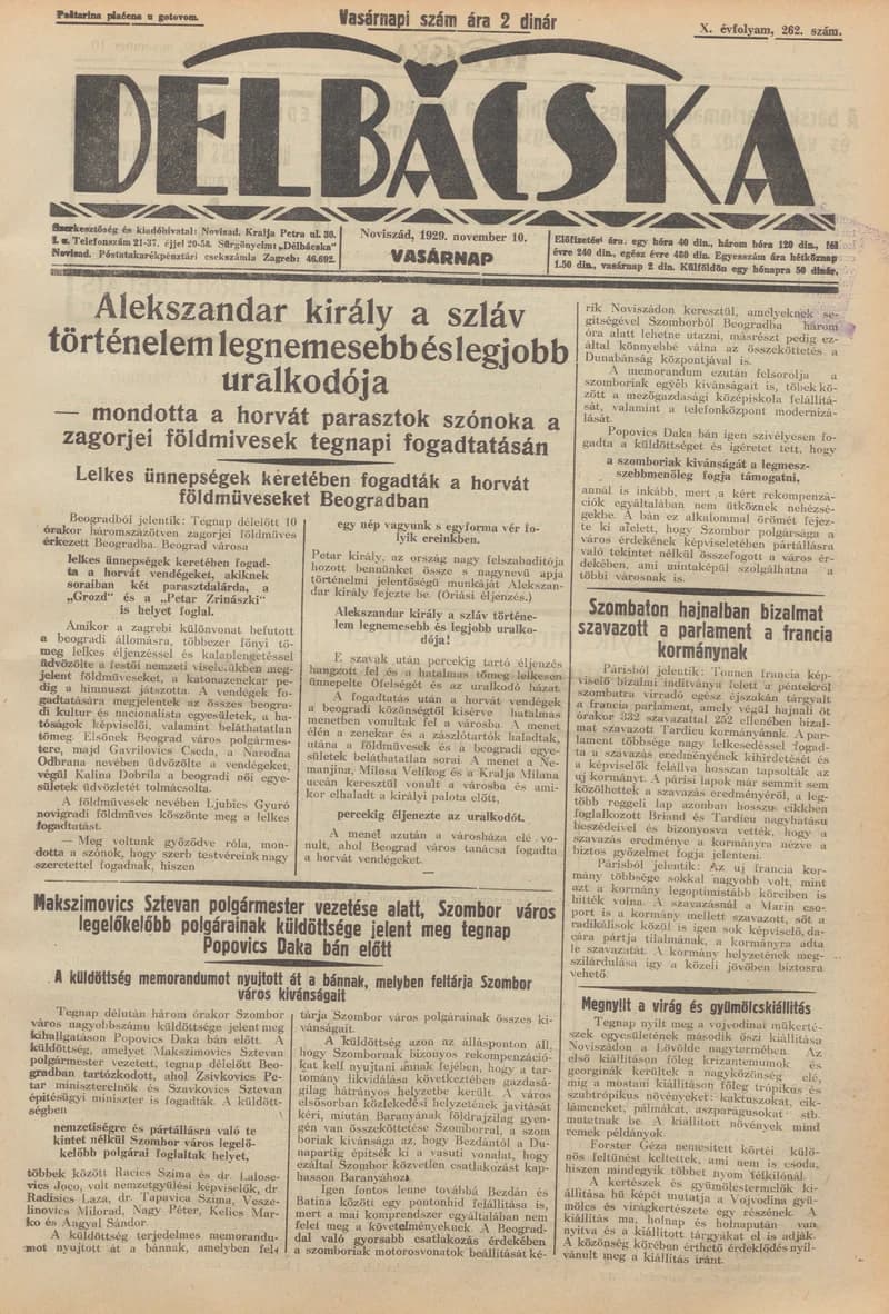 Délbácska, 10. évf. 1929. november 10. 262. sz.