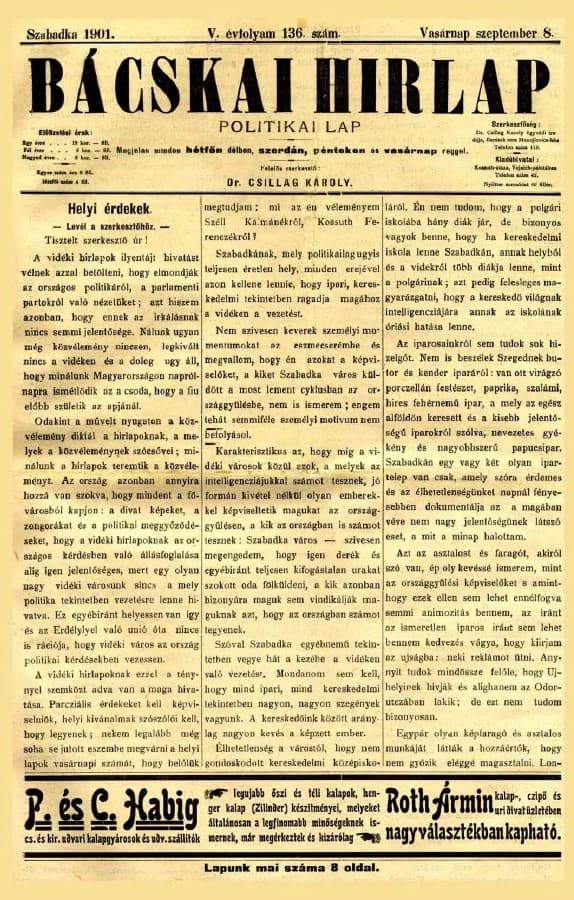 Bácskai Hirlap, 5. évf. 1901. szeptember 8. 136. sz.
