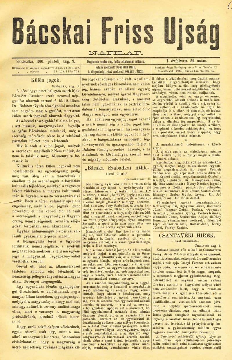 Bácskai Friss Ujság, 1. évf. 1901. augusztus 9. 59. sz.
