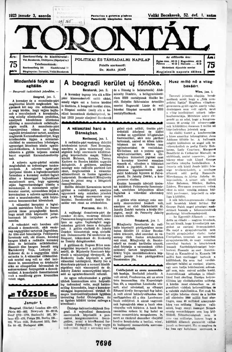 Torontál, 52. évf. 1923. január 3. 1. sz.