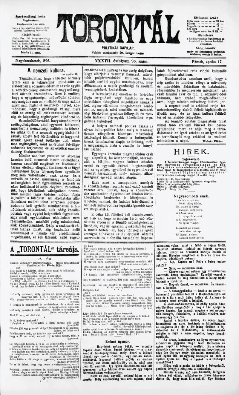 Torontál, 37. évf. 1908. április 17. 90. sz.