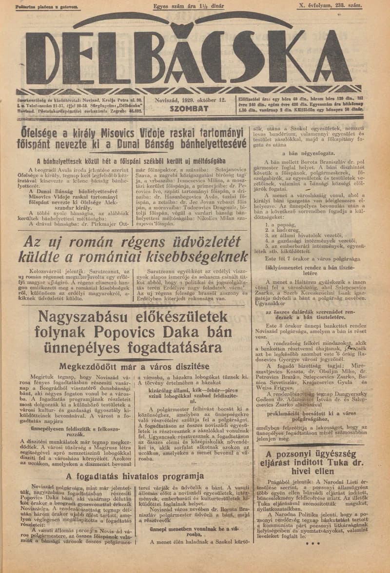 Délbácska, 10. évf. 1929. október 12. 238. sz.