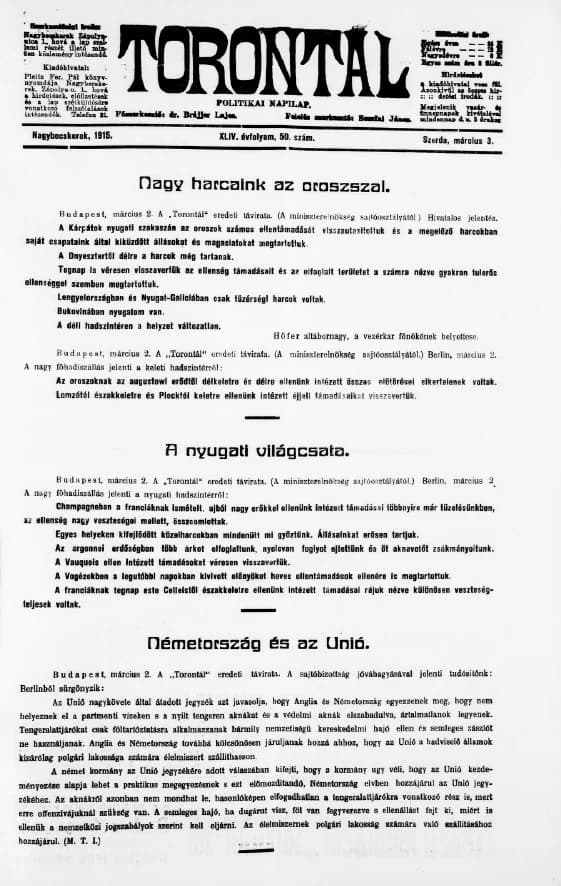Torontál, 44. évf. 1915. március 3. 50. sz.