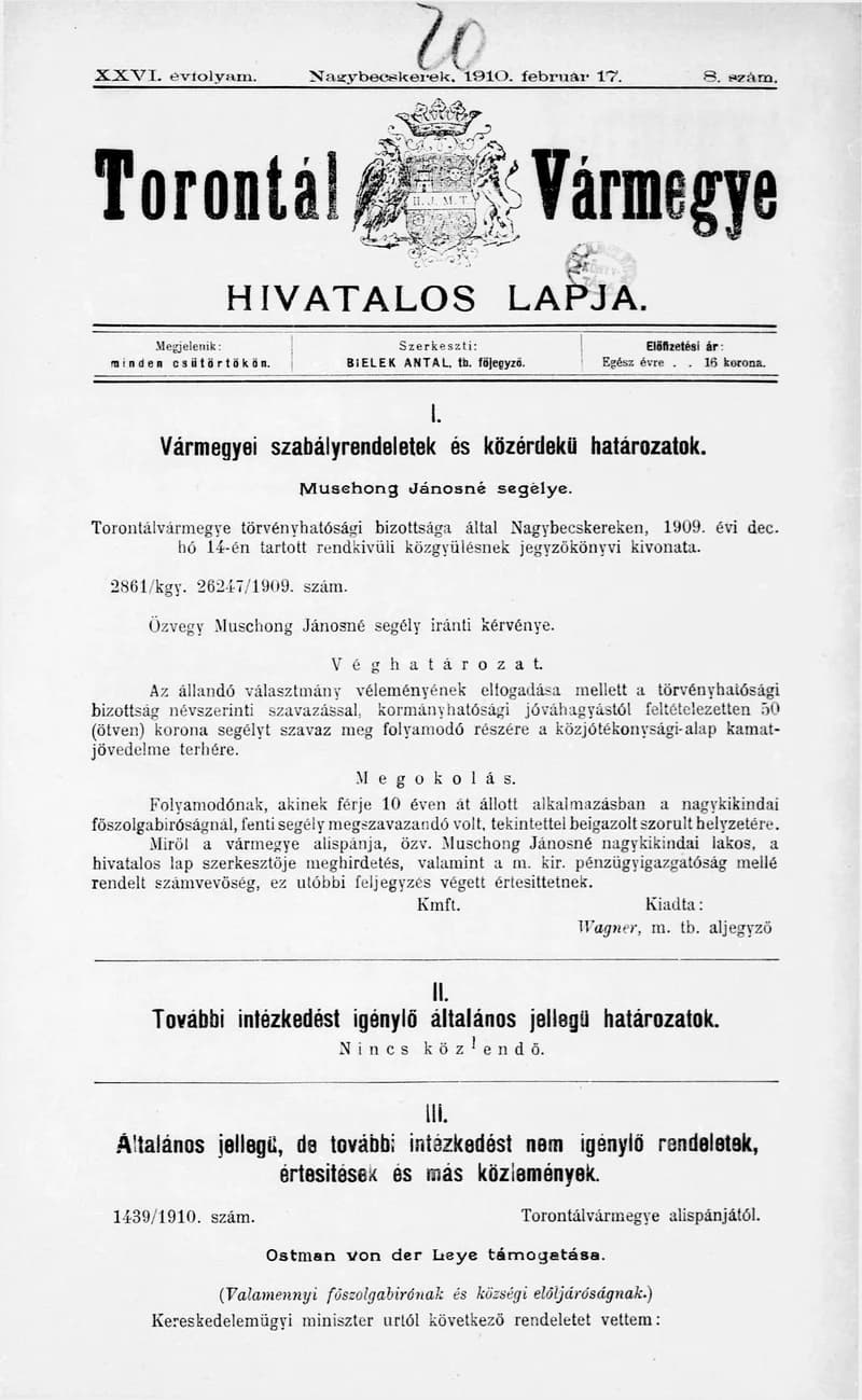Torontál Vármegye Hivatalos Lapja, 26. évf. 1910. február 17. 8. sz.