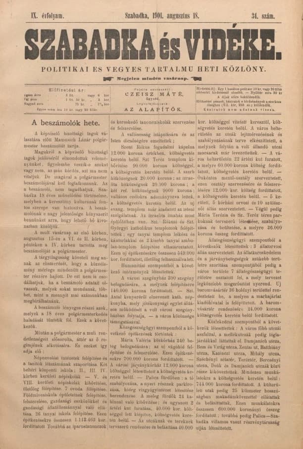 Szabadka és vidéke II, 9. évf. 1901. augusztus 18. 34. sz.