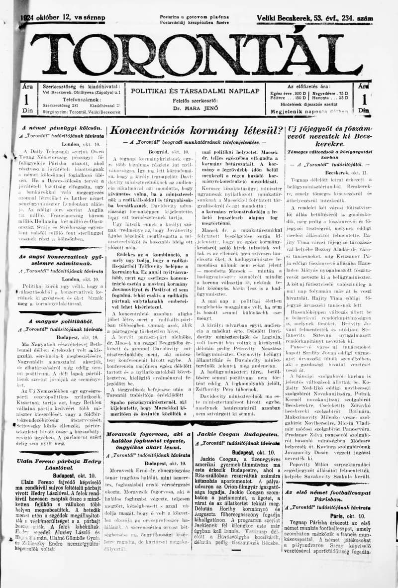 Torontál, 53. évf. 1924. október 12. 234. sz.