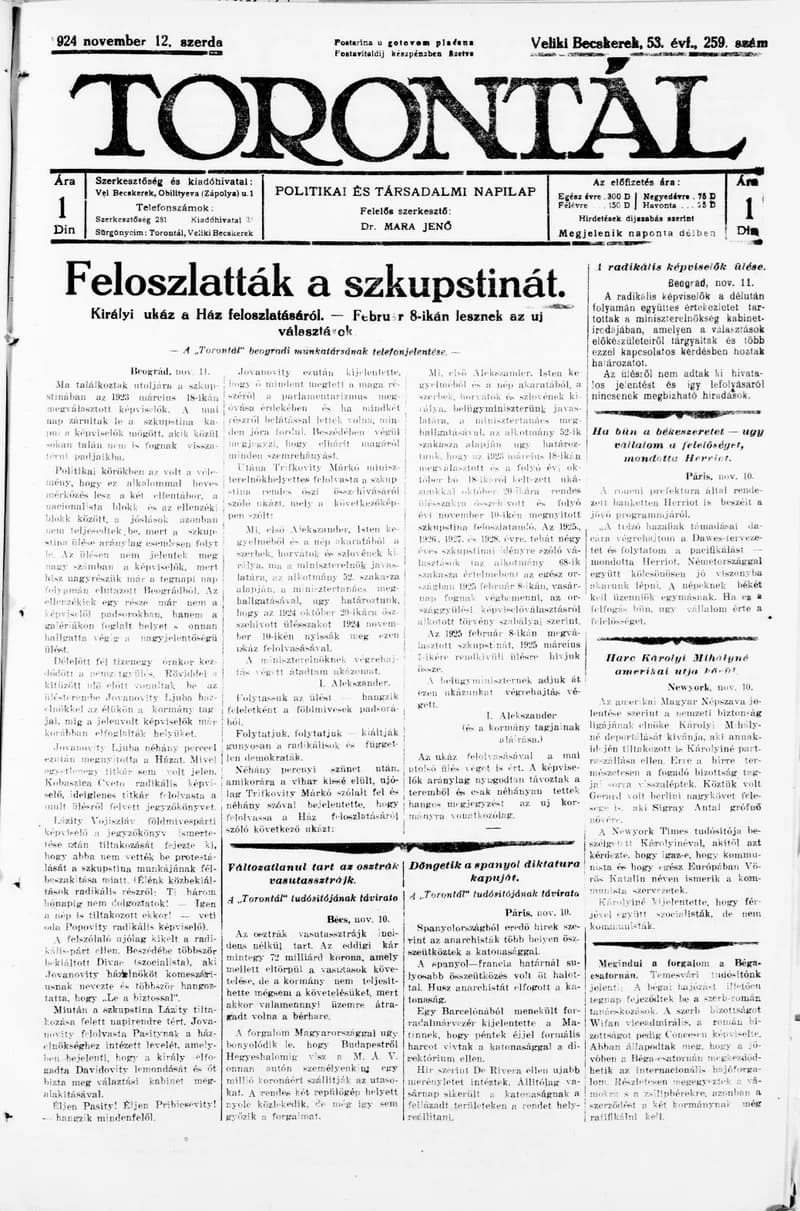 Torontál, 53. évf. 1924. november 12. 259. sz.