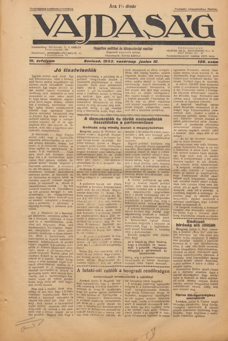 Vajdaság, 3. évf. 1923. június 10. 130. sz.