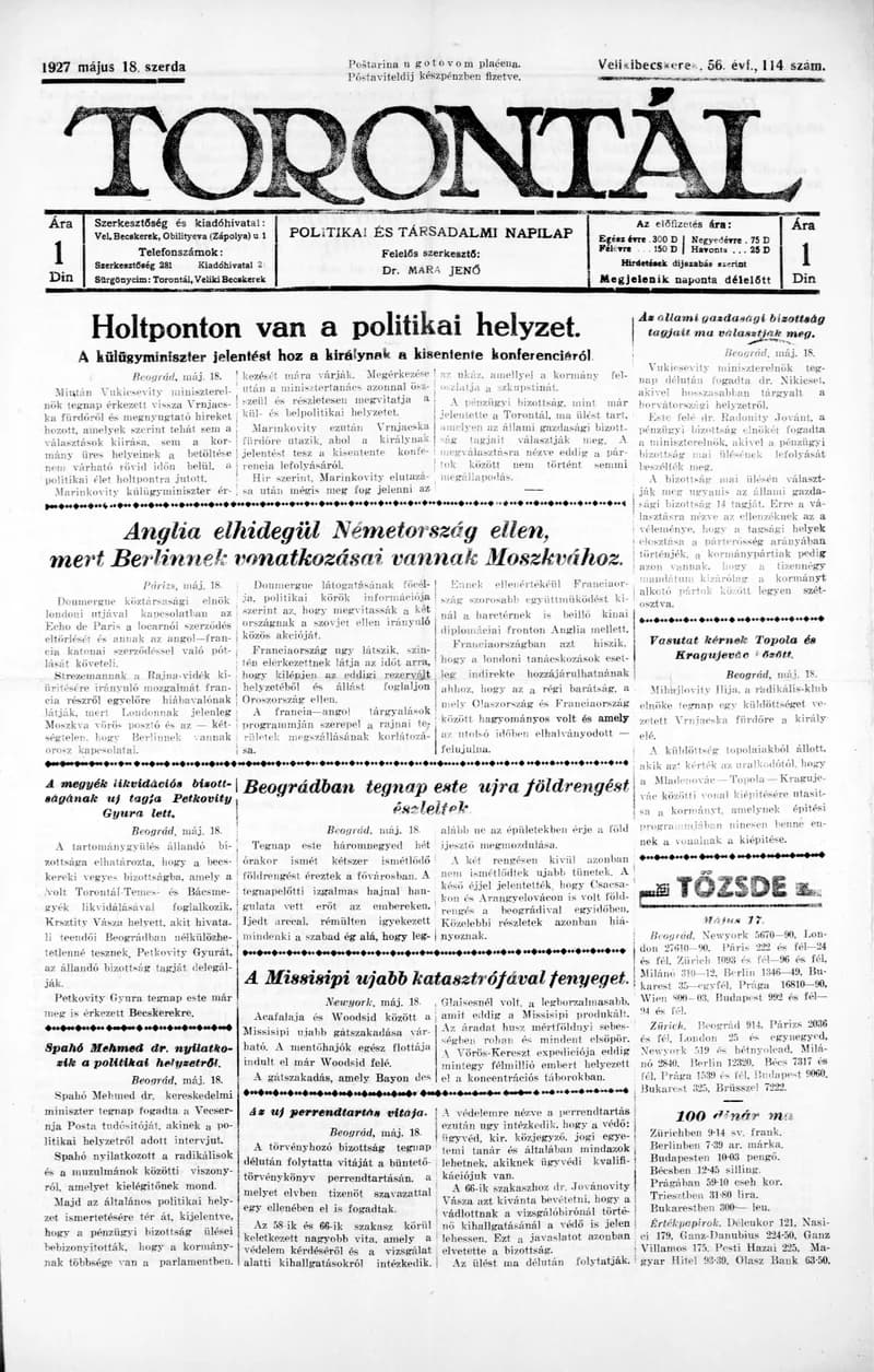 Torontál, 56. évf. 1927. május 18. 114. sz.