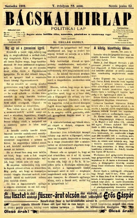 Bácskai Hirlap, 5. évf. 1901. június 12. 88. sz.