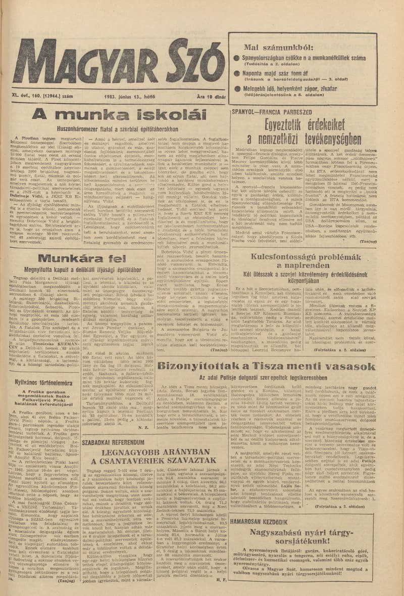 Magyar Szó, 40. évf. 1983. június 13. 160. sz. 1–16. oldal