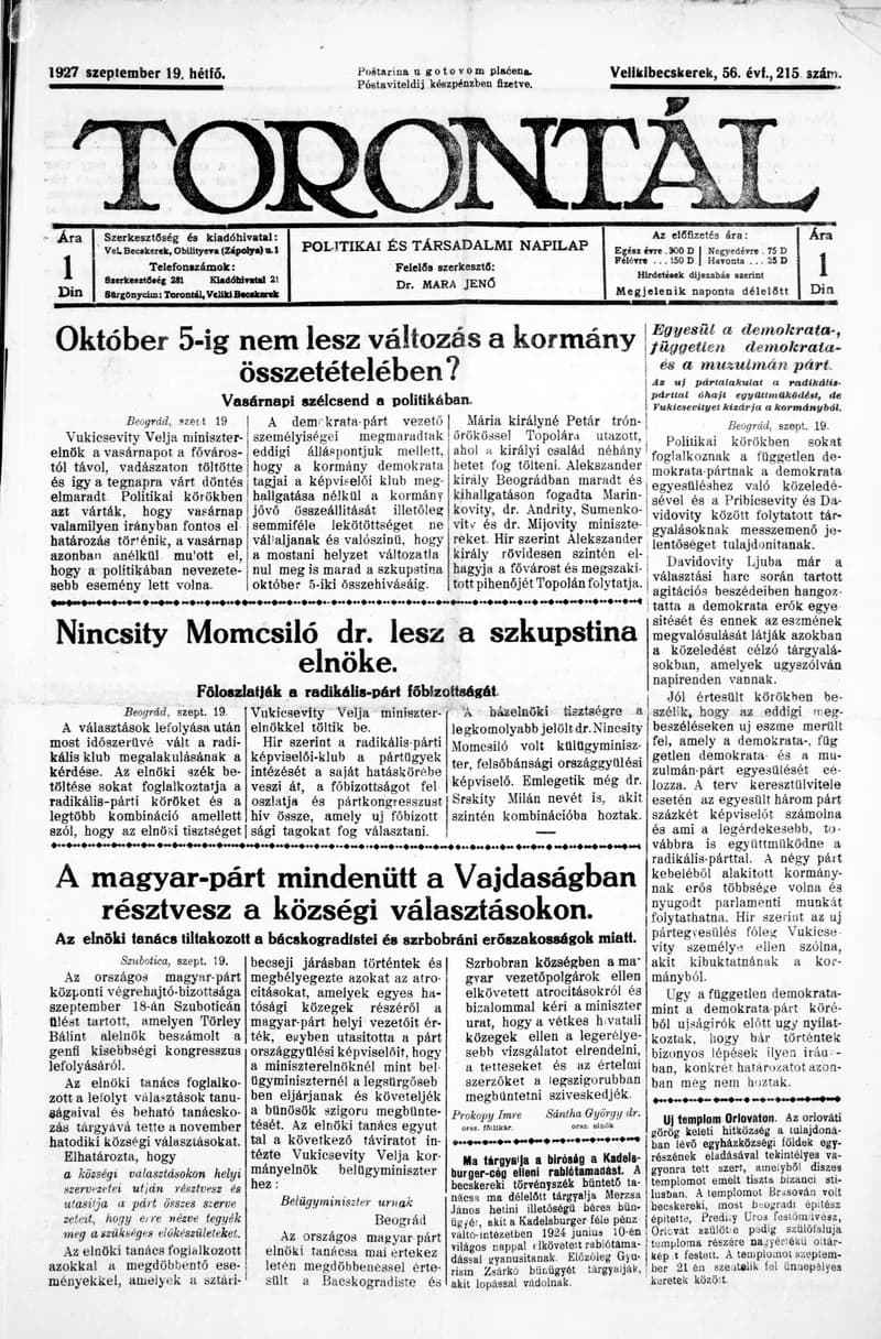 Torontál, 56. évf. 1927. szeptember 19. 215. sz.