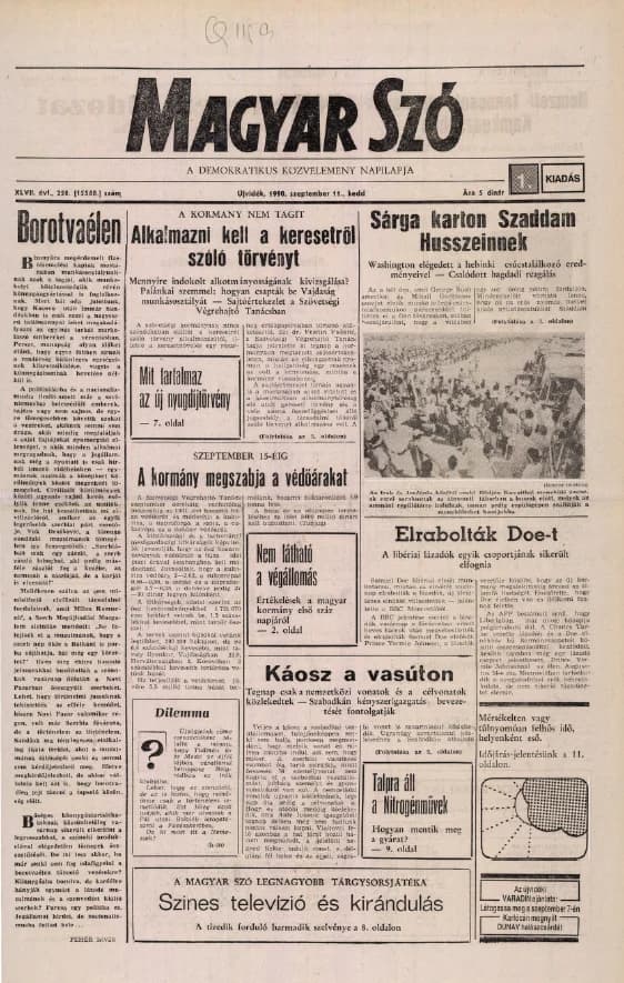 Magyar Szó, 47. évf. 1990. szeptember 11. 250. sz. 1–20. oldal