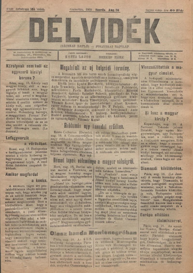Délvidék, 13. évf. 1919. augusztus 20. 165. sz.