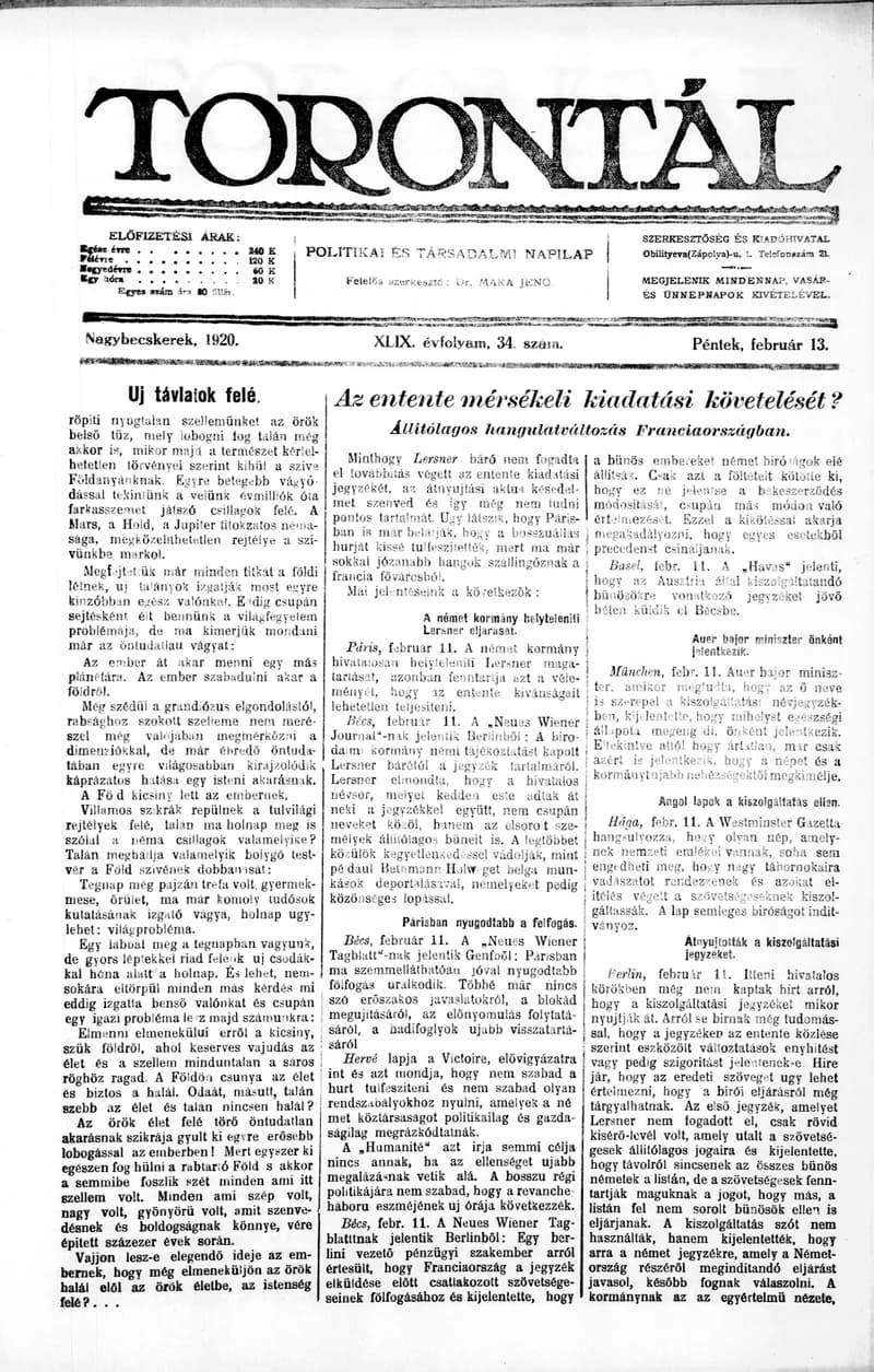 Torontál, 49. évf. 1920. február 13. 34. sz.