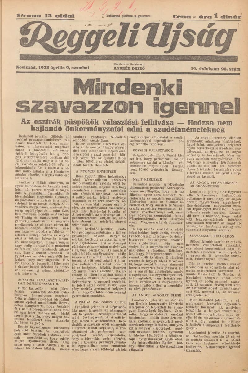 Reggeli Újság, 19. évf. 1938. április 9. 98. sz.